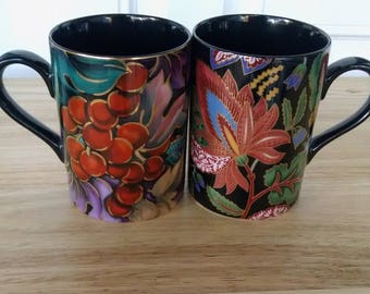 Set of 2 Fitz & Floyd black mugs, beautiful colors, free ship