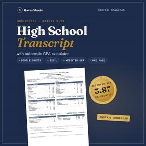 May include: A digital high school transcript template for Google Sheets and Excel, featuring an automatic GPA calculator. The document includes sections for grades 9-12, a cumulative summary, and a gold seal graphic displaying a 3.87 weighted GPA.