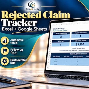 May include: A digital Rejected Claim Tracker spreadsheet for Excel and Google Sheets displayed on a laptop screen. The interface features blue and white data tables, summary boxes for claim status, and a team rejection summary table with text.