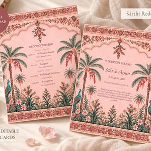 May include: Two 5x7 inch wedding invitation cards featuring a soft pink background with intricate floral borders, palm trees, and peacock illustrations. The text includes Wedding Weekend, Isha & Arjun, June 12-14, 2027, The Lotus Gardens Jaipur, and Kirthi Reddy Design.
