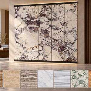 May include: A large wall panel featuring a cream and dark purple marble pattern with prominent veining, framed by thin black vertical lines. Below the main panel, seven smaller square tiles display various stone textures in brown, beige, gray, white, and green.