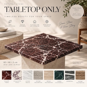 Natural Stone Tabletop, Marble or Travertine, 60x60cm Square (Tabletop Only)