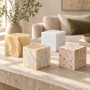 May include: A collection of four stone cubes featuring distinct textures and colors. One cube is translucent yellow with banded patterns, one is solid white, one is white with grey veining, and one is beige with a porous, pitted surface texture.