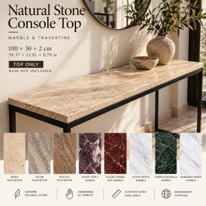 May include: A rectangular natural stone console top made of marble and travertine, measuring 39.37 x 11.81 x 0.79 inches. The surface is beige with speckled patterns. Eight color variations are shown below, including white, green, red, and brown tones.