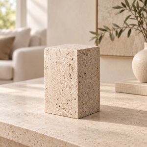 May include: A rectangular block sculpture made of beige travertine stone with a porous, textured surface. The object features a natural, pitted appearance with visible small holes and crevices throughout its solid, upright, and geometric form.