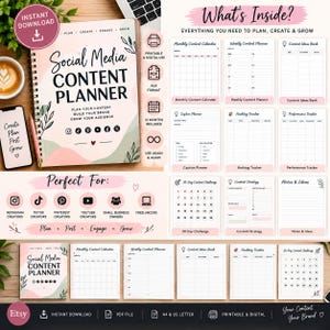 May include: A spiral-bound social media content planner with a pink, green, and white cover featuring the text Social Media Content Planner. The set includes printable pages for a monthly calendar, weekly planner, content ideas, and performance trackers.