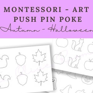 Puede incluir: Tres hojas de papel blanco con dibujos de líneas negras para una actividad Montessori de punzado. Las hojas presentan temas de otoño y Halloween, incluyendo ardillas, bellotas, hojas de arce, zorros, calabazas, manzanas, fantasmas y sombreros de bruja.