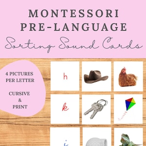 May include: Montessori pre-language sorting sound cards featuring text in print and cursive. The cards display letters h, k, and i alongside images of a cowboy hat, a chicken, keys, a kite, an igloo, and a lizard on a light wood background.