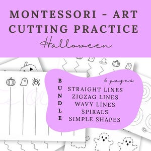 May include: A Montessori art cutting practice bundle for Halloween featuring 6 pages of printable worksheets. The white pages contain black dotted lines, straight lines, zigzag lines, wavy lines, spirals, and simple shapes with ghost, pumpkin, and spider icons.