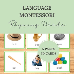 Könnte beinhalten: Ein Set aus Lernkarten mit dem Titel LANGUAGE MONTESSORI Rhyming Words, bestehend aus 5 Seiten und 30 Karten. Jede Karte zeigt ein Bild und das zugehörige Wort, darunter ein Hut, ein Krug, ein Stein, ein Schläger, eine Umarmung und bunte Blöcke.