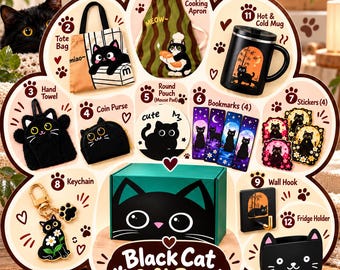 Pode incluir: Um conjunto de presente Black Cat com uma bolsa, avental, caneca térmica, toalha, porta-moedas, tapete de rato, quatro marcadores, quatro autocolantes, porta-chaves, gancho de parede e suporte para frigorífico com gatos.