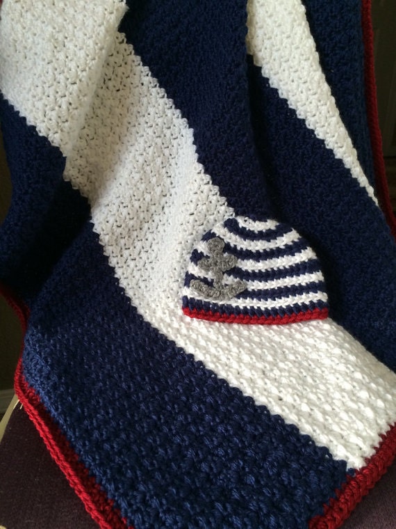 Items similar to Nautical Stripe Anchor Baby Blanket with Matching Beanie Newborn