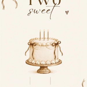 May include: A digital illustration of a white frosted cake on a pedestal stand, featuring three lit candles, decorative piping, and brown ribbon bows. The text "TWO sweet" is centered above the cake, accompanied by small brown ribbon and heart icons.