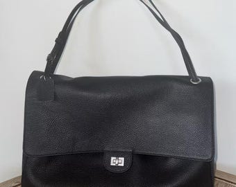 Cowhide Leather Soft Flap Shoulder Bag, Large Tote, Silver Turn-Lock Closure