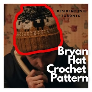 May include: A knit beanie featuring a brown ribbed brim and a patterned upper section with white and black sheep motifs. The text RESIDENT EVIL TORONTO and Bryan Hat Crochet Pattern are visible. The hat has a dark pom-pom on the top.
