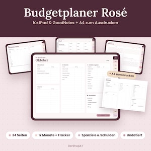 Könnte beinhalten: Ein digitaler Budgetplaner mit dem Titel Budgetplaner Rosé für iPad und GoodNotes, der mehrere Bildschirmansichten von Finanztracking-Seiten, monatlichen Ausgabentabellen, Sparzielen und ein druckbares A4-Dokumentenlayout in Rosatönen zeigt.