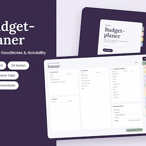 Könnte beinhalten: Ein digitaler Budgetplaner für iPad, GoodNotes und Notability auf dunkelviolettem Hintergrund. Die Benutzeroberfläche zeigt eine monatliche Finanzübersicht für Januar mit Bereichen für Einnahmen, Ausgaben, Ersparnisse und variable Kosten sowie anklickbare Reiter.