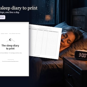 Könnte beinhalten: Ein druckbares Schlaftagebuch mit dem Text The sleep diary to print, The Cronos Method, 21 mornings, one line a day und 3-page PDF. Das Dokument enthält einen rasterbasierten Schlaf-Tracker mit Spalten für Datum, Aufwachzeit, Schlafenszeit, Schlafqualität und Notizen.