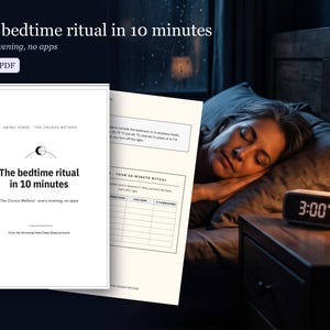 Op de afbeelding: Een 5-pagina PDF-document getiteld The bedtime ritual in 10 minutes, The Cronos Method, met een minimalistische omslag en een interne tracking-tabel, weergegeven tegen een donkere achtergrond met een slapend persoon in bed.