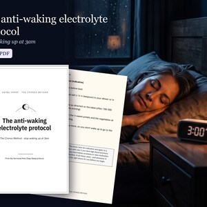 Könnte beinhalten: Ein 5-seitiges PDF-Dokument mit dem Titel The anti-waking electrolyte protocol, The Cronos Method: stop waking up at 3am. Das Dokument enthält schwarzen Text auf weißem Hintergrund und beschreibt Anweisungen zur Elektrolytzufuhr, um nächtliches Erwachen zu verhindern.