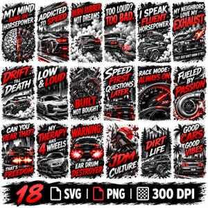 May include: A collection of 18 rectangular graphic designs featuring automotive themes, sports cars, engines, and turbochargers. Each design incorporates bold red and white text slogans, smoke effects, and detailed illustrations of vehicles.