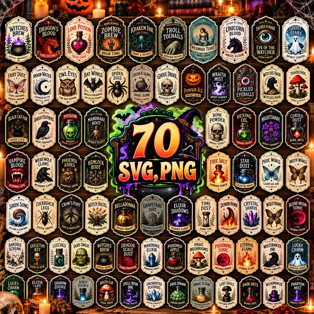 Potion Svg Files 70 Halloween Potion Labels SVG PNG Bundle, Witch , Apothecary Clipart ...