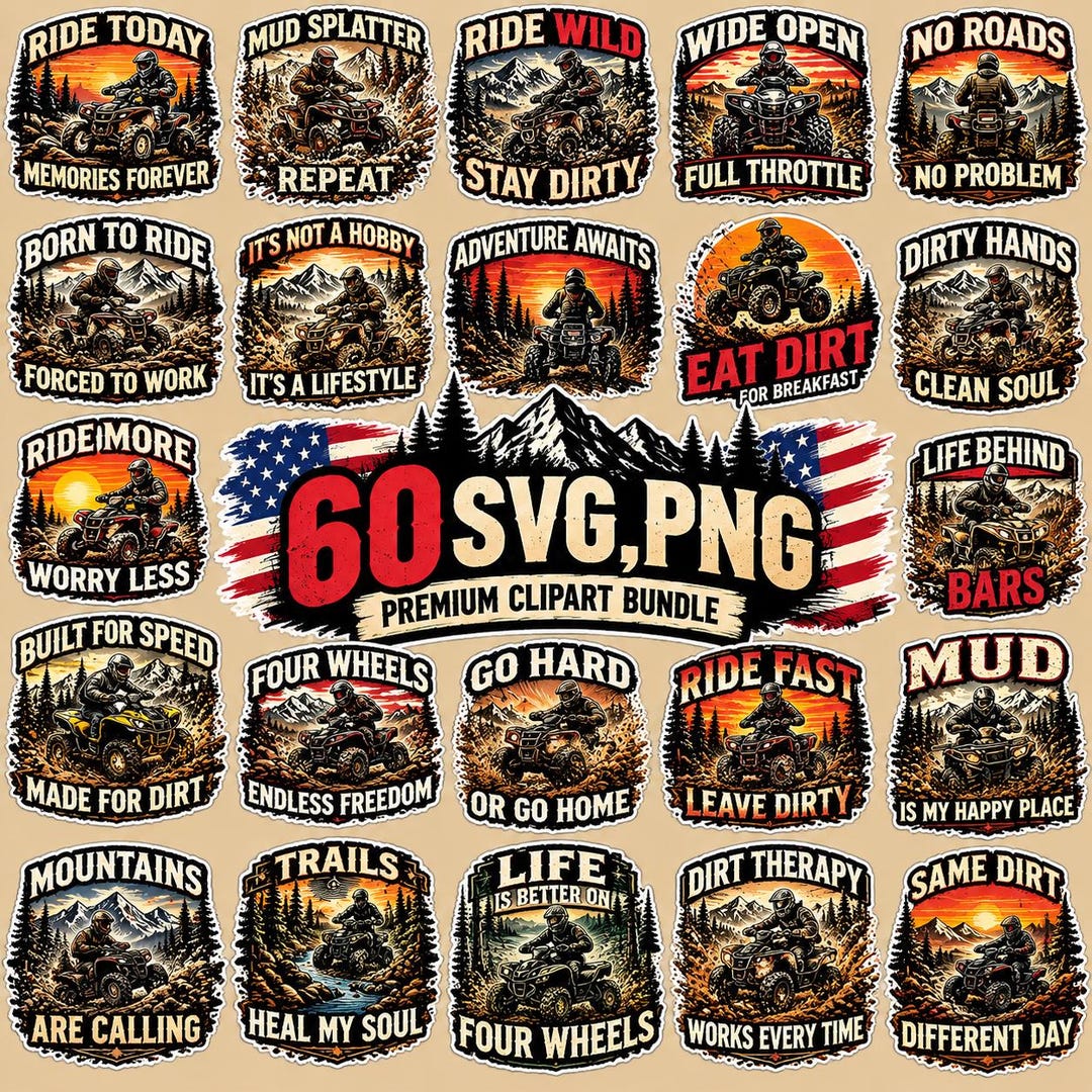 60 ATV off Road SVG PNG Bundle, Mud Riding Clipart, Adventure ...
