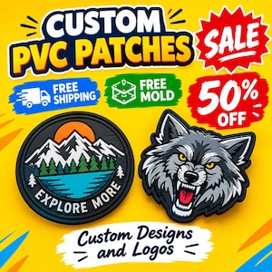 May include: Two custom PVC patches on a yellow background. One is a circular patch with a mountain, forest, and lake scene with the text EXPLORE MORE. The other is a shaped patch featuring a snarling grey wolf head with yellow eyes and red mouth.
