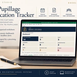 May include: A laptop displaying The Pupillage Application Tracker in Microsoft Excel, featuring a dashboard with application metrics. Beside it are a notebook, a pen, a mug with a logo, and a stack of books labeled Pupillage, Chambers, Interviews, and Your Future.