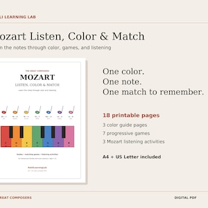 Può includere: Un set educativo in PDF digitale intitolato Mozart Listen, Color & Match di Rotili Learning Lab. Include 18 pagine stampabili con note musicali codificate a colori, un diagramma della tastiera del pianoforte, 7 giochi e 3 attività di ascolto.
