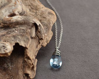Blue Topaz Necklace, Oxidized Necklace, Silver Necklace, Sterling Silver Blue Topaz Necklace, Blue Gemstone Necklace, Blue Topaz Pendant