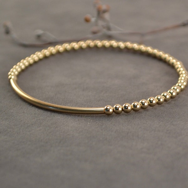 3mm Gold Stacking Bracelet, Layering Bracelet, Stretch Bracelet, Gold Bead Bracelet, 14K Gold Filled Bracelet, Gold Tube Bracelet