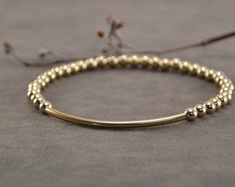 4mm Gold Stacking Bracelet, Stretch Bracelet, Gold Bead Bracelet, 14K Gold Filled Bracelet, Gold Tube Bracelet, Gold Bar Bracelet