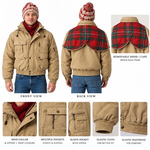 May include: A tan jacket featuring a removable red and green plaid cape, a high collar with zipper and snap closure, multiple chest and sleeve pockets, elastic cuffs, and an elastic waistband. The jacket is shown from front and back views.