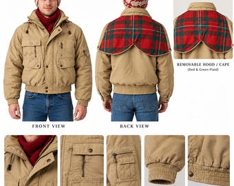 Giacca di Kevin McCallister del film Mamma, ho perso l'aereo, giacca bomber color cammello con mantellina a quadri rossi e verdi, cappotto invernale ispirato ai film vintage degli anni '90.