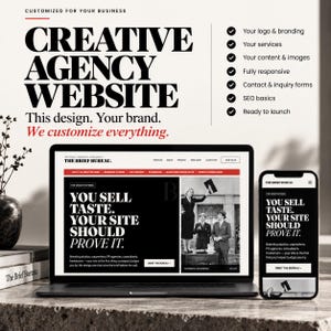 Op de afbeelding: Een laptop en smartphone tonen de website van een creatief bureau genaamd The Brief Bureau. Het scherm bevat zwart-witte tekst, een vintage foto en een rode koptekst. Een lijst bevat logo, branding, diensten en contactformulieren.