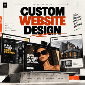 Könnte beinhalten: Eine grafische Darstellung mit dem Text CUSTOM WEBSITE DESIGN in großen schwarzen und orangefarbenen Buchstaben sowie drei Laptop-Bildschirmen, die Website-Layouts für The Night Crew, BLNDFLD und FORMA127 auf strukturiertem Beton zeigen.