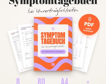 Könnte beinhalten: Ein digitales Symptomtagebuch bei Unverträglichkeiten mit orangefarbenen und violetten Wellenlinien auf dem Cover. Das Dokument umfasst 80 Seiten im A4-Format, einen Zeitraum von 8 Wochen zur Dokumentation sowie zusätzliches Bonusmaterial als PDF-Download.