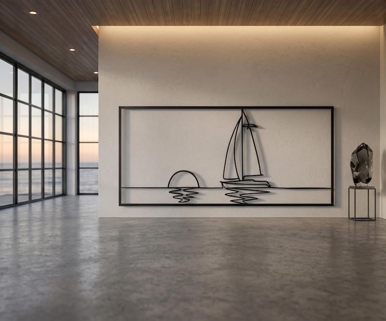 Minimalist Metal Sailboat Wall Art, Coastal Sunset Decor, Modern Beach