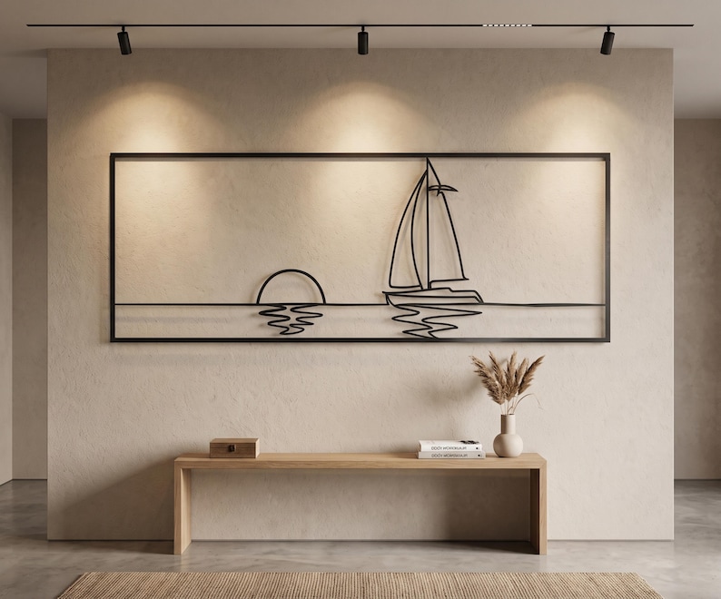 Minimalist Metal Sailboat Wall Art, Coastal Sunset Decor, Modern Beach