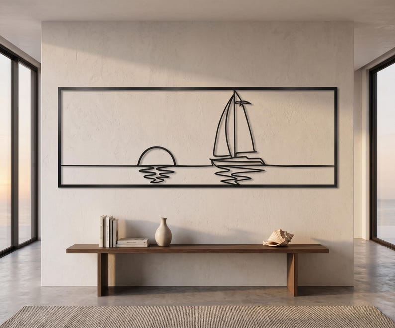 Minimalist Metal Sailboat Wall Art, Coastal Sunset Decor, Modern Beach