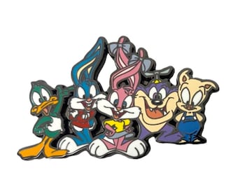 Tiny Cartoons Lapel Pin | 1990s Retro Cartoon Enamel Brooch (2" wide)