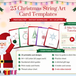 Pode incluir: Uma coleção digital de 25 modelos de cartões de Natal para string art em formato PDF imprimível A4 e US Letter. Inclui guias de pontos numerados, tabela de cores de linhas, folha de prática, etiquetas de presente e um vídeo tutorial.