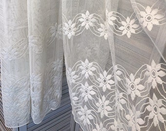 Pair Vintage White Net Sheer Flocked Daisy Curtain Panels