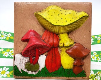 Vintage Painted Ceramic Mushroom Wall Plaque Cottagecore Art