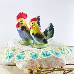 Pair of Brightly Colored Mid Century Ceramic Roosters