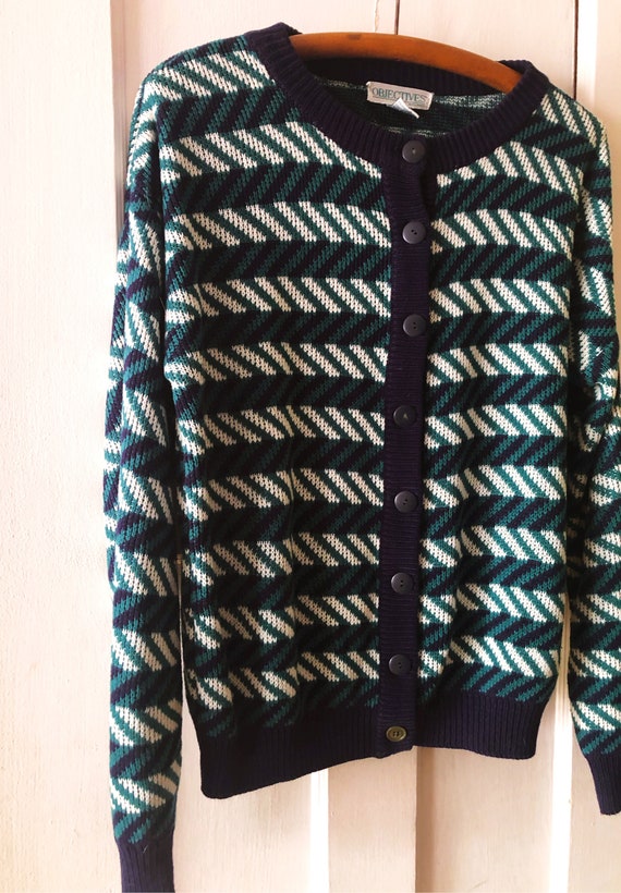 Vintage Objectives Green and Navy Cardigan - image 2