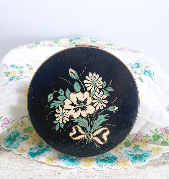 Beautiful Mid Century Brass and Enamel Floral Powd