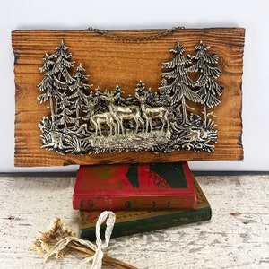 Vintage MCM Wooden Plaque with Silver Tone Deer