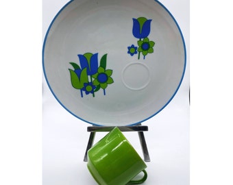 Vintage Green and Blue Mod Flower Snack Sets - Sold in Quantities of 4 - Two Cups Two Plates